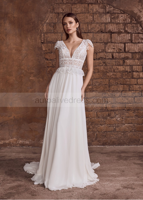 Cap Sleeves Ivory Lace Chiffon Wedding Dress
